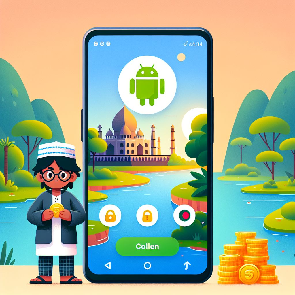 Taka444 app cartoon character holding a smartphone with app icons and coins