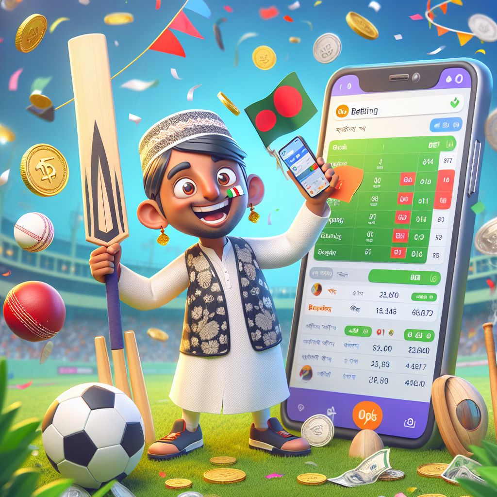 Taka444 themed cartoon bettor with cricket and football icons, odds board, and coins
