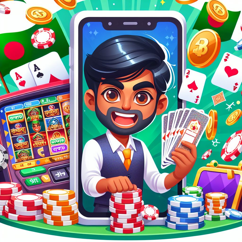 Taka444 casino cartoon character with chips, cards, and a slot machine in a Bangladesh-themed setting