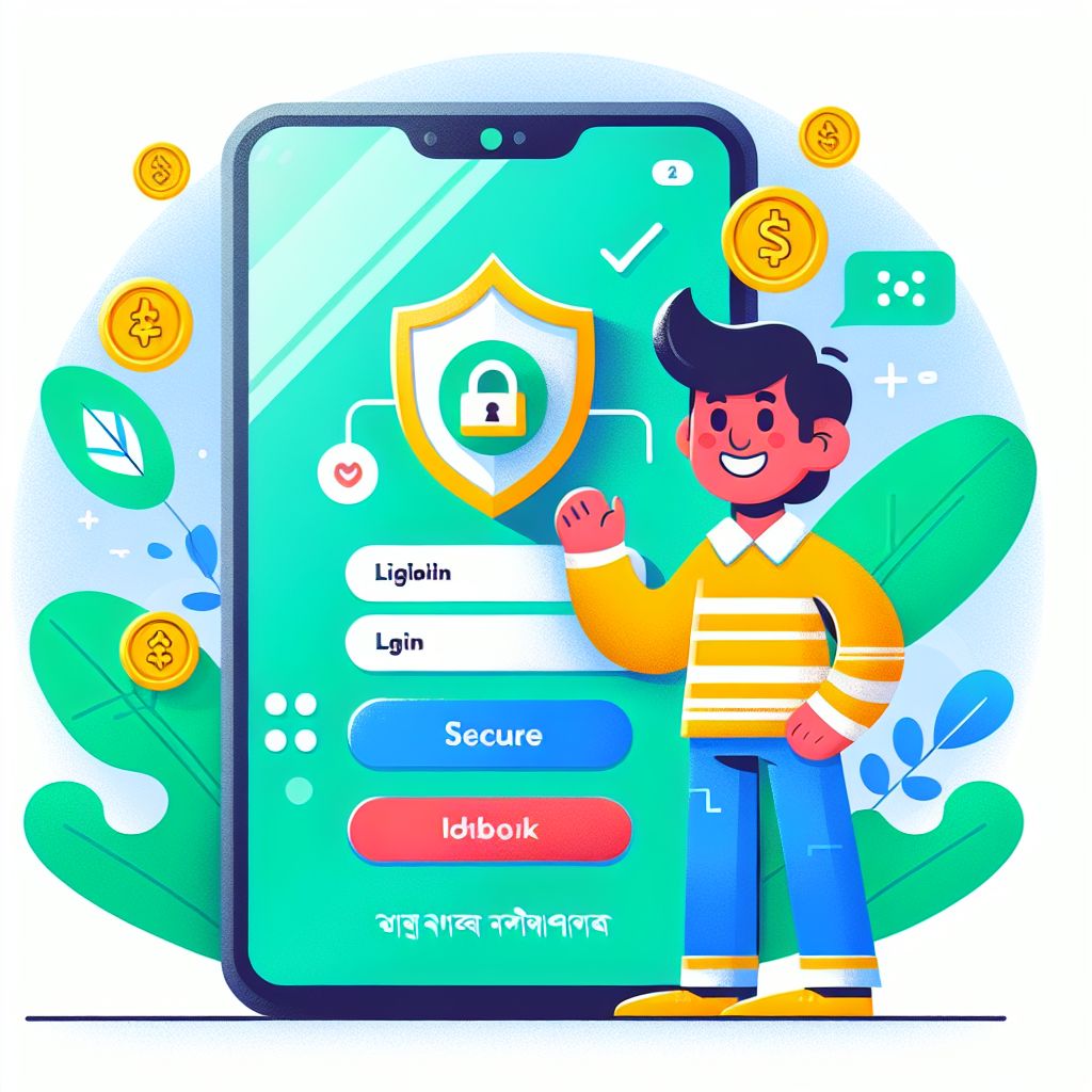 Cartoon character holding a phone with a secure login screen and Taka444 branding