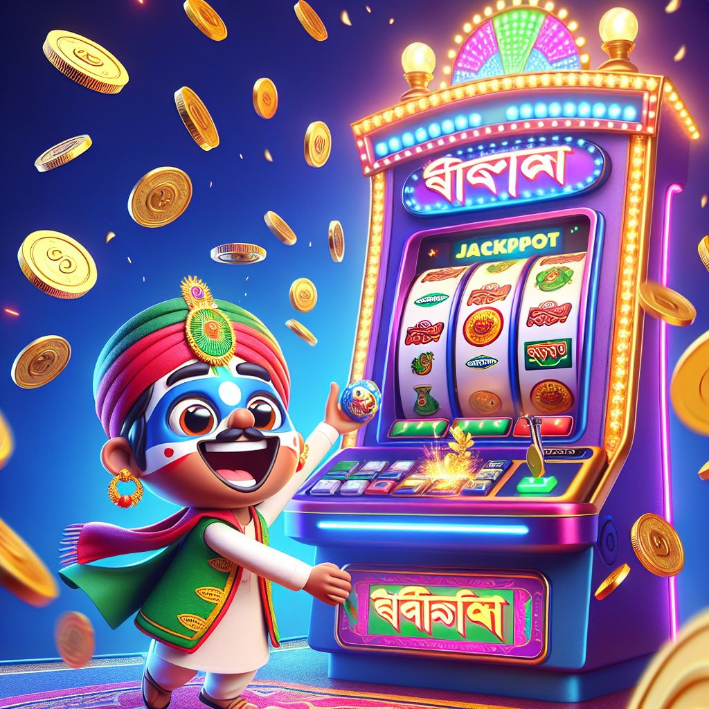 Cartoon slot player with spinning reels, coins, and jackpot lights